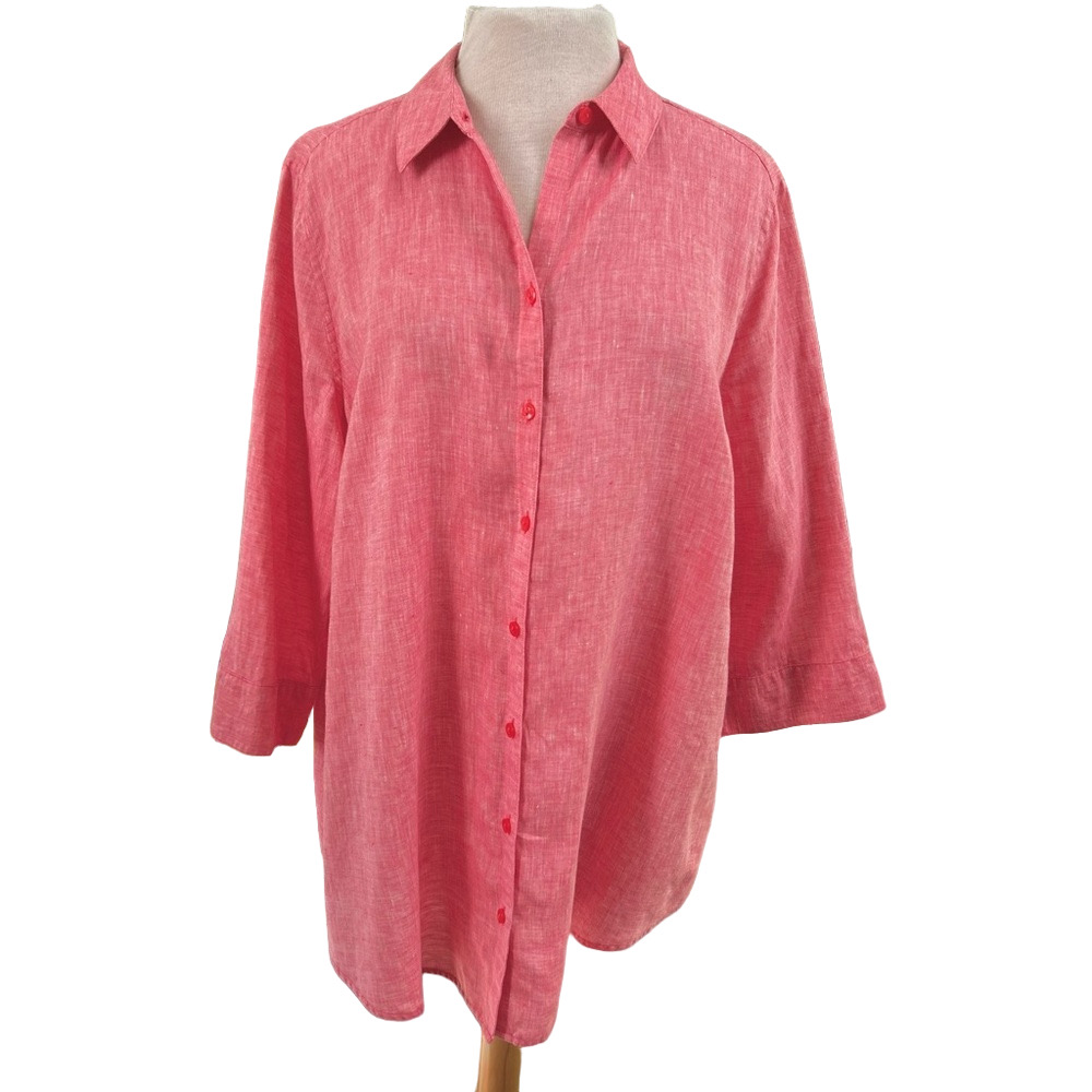 Chicos Salmon Pink Linen Size 3/XL No Iron Button Up Blouse NO FLAWS EUC Top